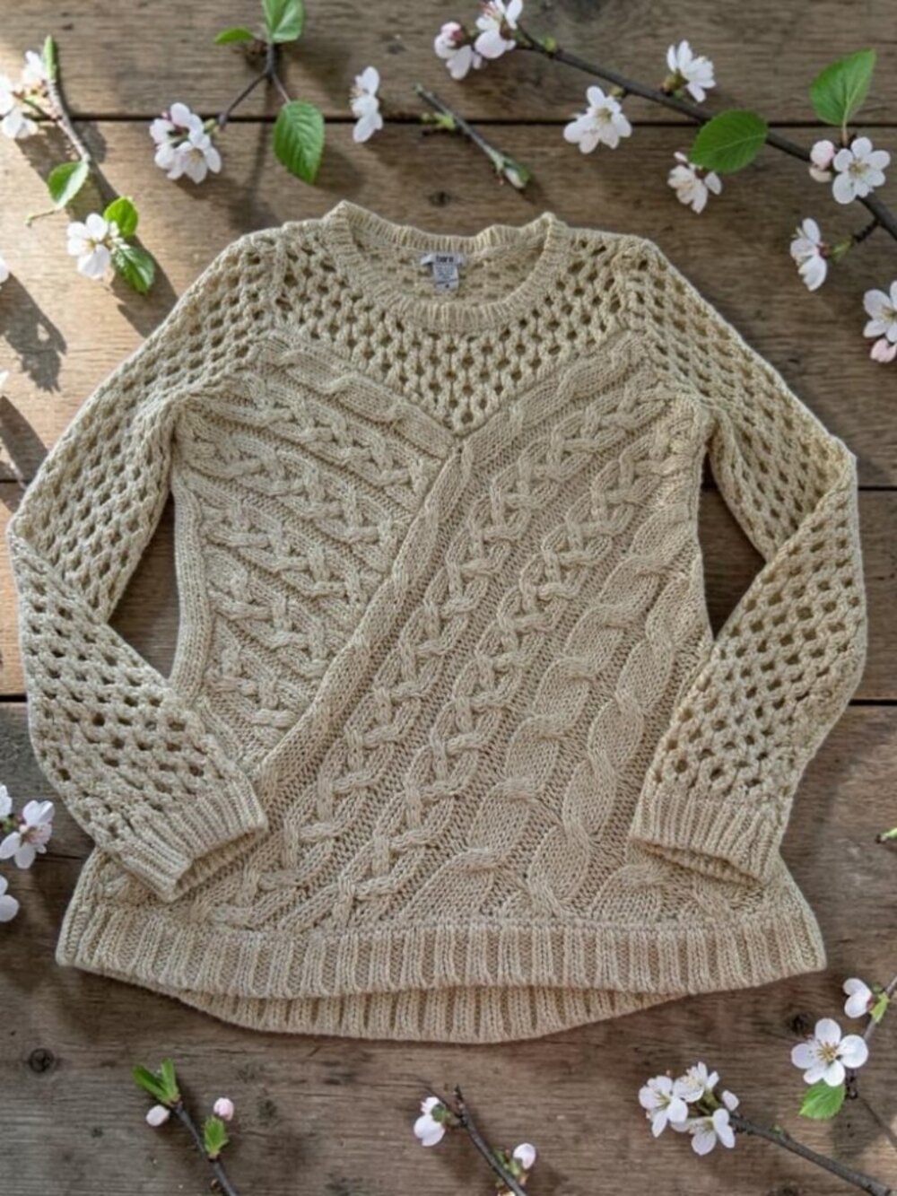 Bar III Women's Sweater Medium Cream Cable Knit Open Knit Sleeves Mohair
